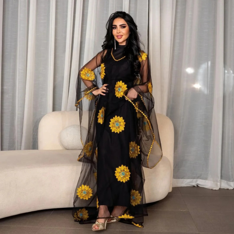 Embroidery Yellow Dress - Women Floral Embroidered Maxi Dress Sheer